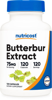 Nutricost Petasites Extract cápsulas 75 mg, envase práctico para uso diario y conveniente.