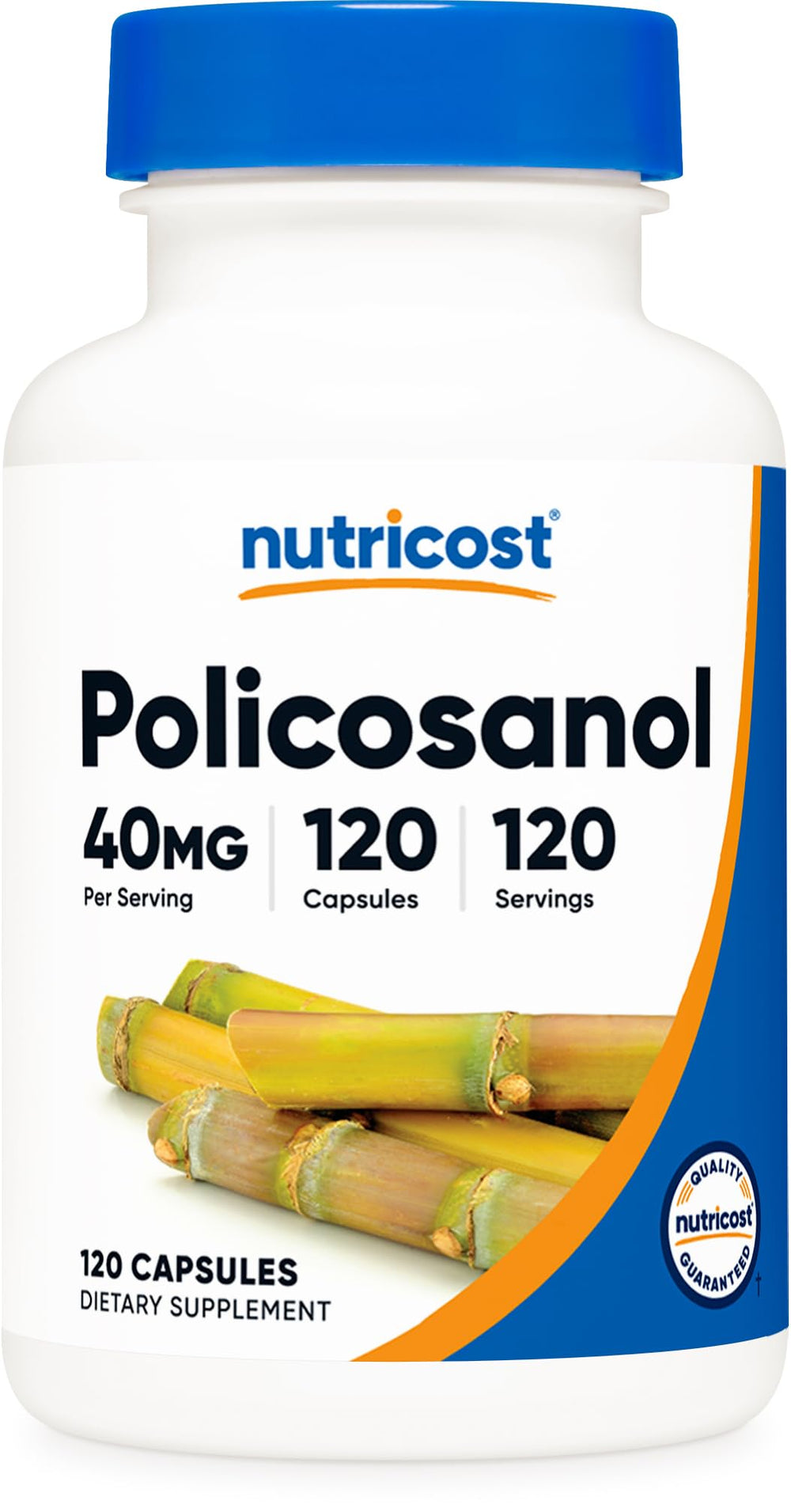 Nutricost Policosanol 40mg bottle front view, gluten-free and non-GMO supplement.