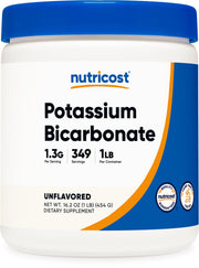 Nutricost Potassium Bicarbonate Powder bottle with gluten-free, non-GMO formula.
