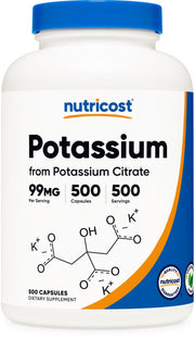 Nutricost Potassium Citrate 99mg bottle; supports daily intake with clear label