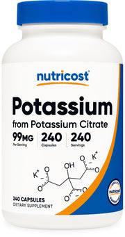Nutricost Potassium Citrate capsules front view for easy daily supplementation.