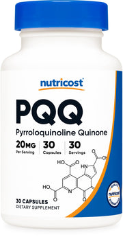 Nutricost PQQ 20mg bottle outer, supports a consistent daily wellness routine