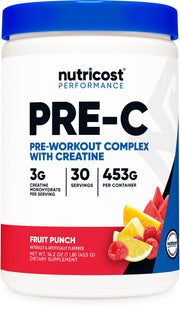 Nutricost Pre-C fruit punch powder in jar boosts workout energy.