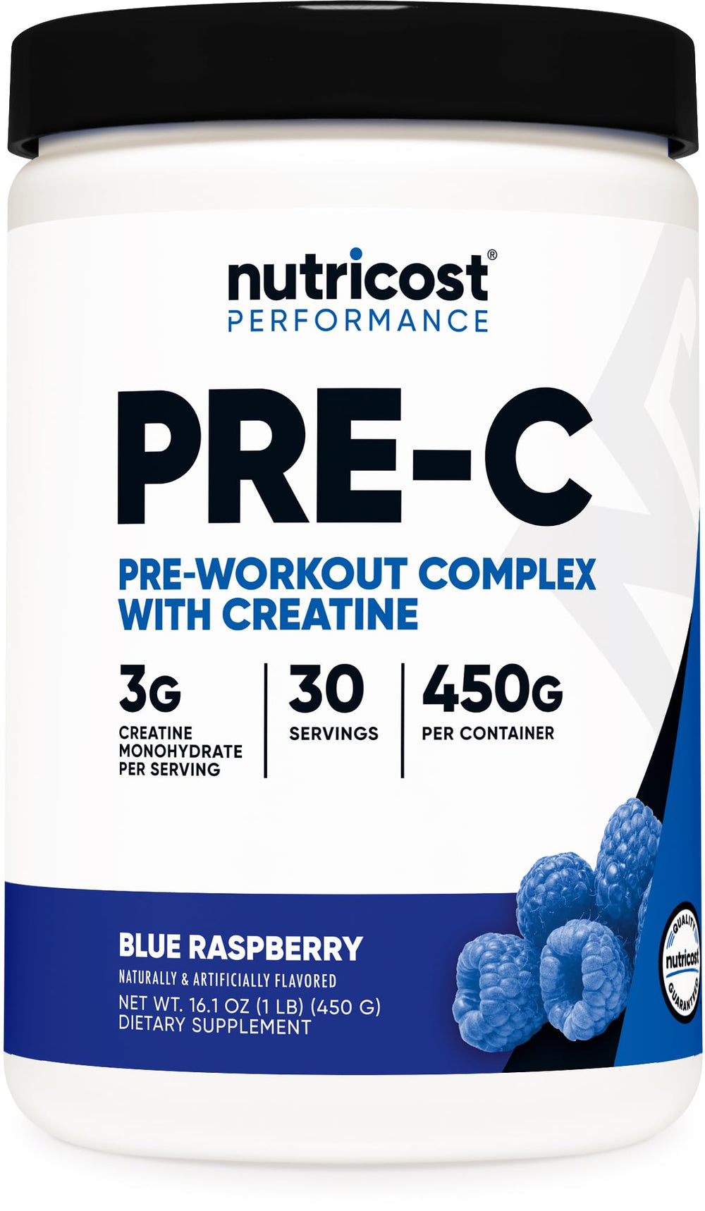 Nutricost Pre-C Pre-Workout Blue Raspberry container boosts energy before training.