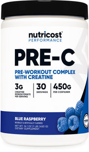 Nutricost Pre-C Pre-Workout Blue Raspberry container boosts energy before training.