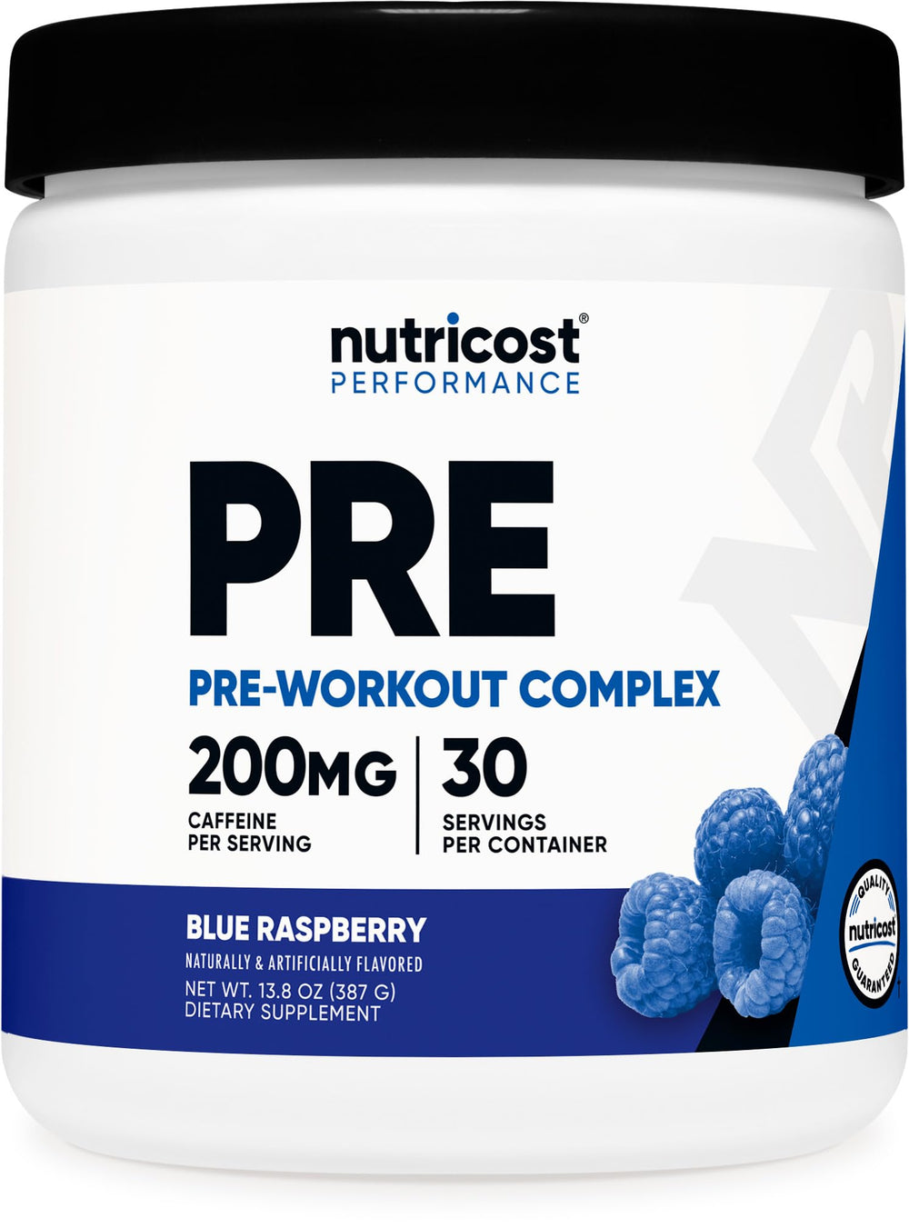 Nutricost Pre-Workout Complex blue raspberry tub ready for an energetic workout.