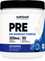 Nutricost Pre-Workout Complex blue raspberry tub ready for an energetic workout.