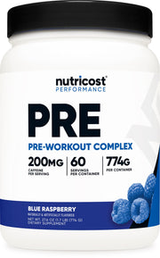 Nutricost Pre-Workout Complex blue raspberry bottle close-up for enhanced training focus.