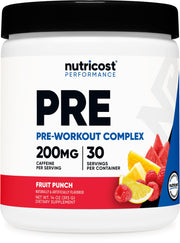 Nutricost Pre-Workout Complex bottle-front highlights energy-boosting blend for workouts.