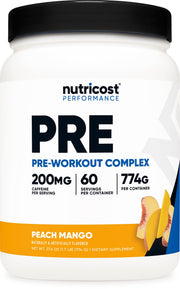 Nutricost pre-workout peach mango powder pour showing flavor and energy boost