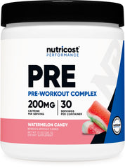 Nutricost Pre-Workout Watermelon Candy tub boosts energy before training.