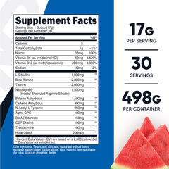 Nutricost Pre-Workout Watermelon scoop in bottle enables quick, flavorful fueling.