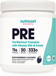 Nutricost Pre-Workout Women Blue Raspberry bottle pour boosts energy for workouts.