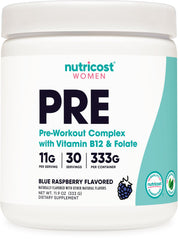 Nutricost Pre-Workout Women Blue Raspberry bottle pour boosts energy for workouts.