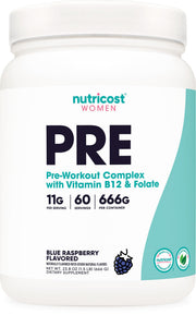 Nutricost Pre-Workout Women Blue Raspberry bottle ready for an energized workout