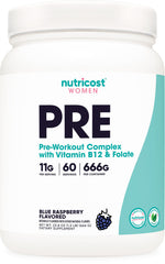 Nutricost Pre-Workout Women Blue Raspberry bottle ready for an energized workout