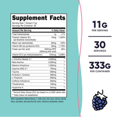 Nutricost Pre-Workout Women Blue Raspberry label close-up highlights vegetarian and gluten-free ingredients.