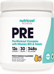 Nutricost Pre-Workout Women Peach Mango bottle on gym bag ready for an energy boost
