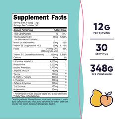 Nutricost Pre-Workout Women Peach Mango powder mixed in a glass for a refreshing shake