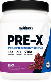 Nutricost Pre-X Extreme grape bottle label highlighting quality for workouts.