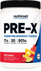 Nutricost Pre-X Xtreme fruit punch powder in tub for energetic workouts.