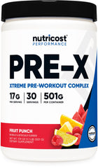 Nutricost Pre-X Xtreme fruit punch powder in tub for energetic workouts.