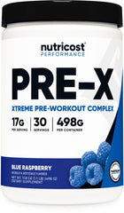 Nutricost Pre-X Xtreme blue raspberry bottle ready for pre-workout energy