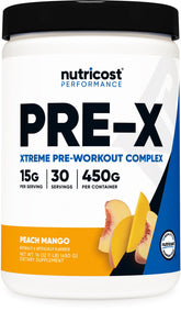 Nutricost Pre-X Xtreme Peach Mango tub showing flavor for workouts