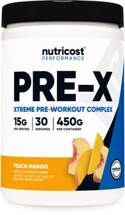 Nutricost Pre-X Xtreme Peach Mango tub showing flavor for workouts