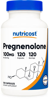 Nutricost Pregnenolone 100mg bottle close-up with clear label for confident purchases.