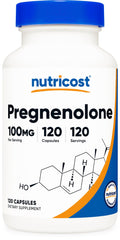 Nutricost Pregnenolone 100mg bottle close-up with clear label for confident purchases.