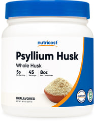 Nutricost Psyllium Whole Husk Flakes bottle; gluten-free fiber source for daily meals.