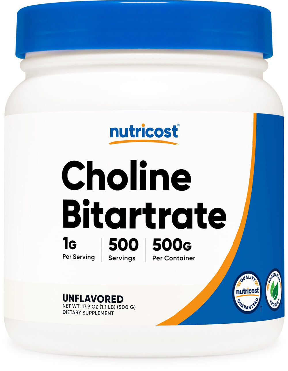 Nutricost Pure Choline Bitartrate Powder 500g front bottle showing a clean daily-use formula
