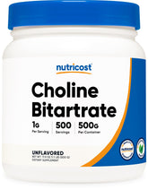 Nutricost Pure Choline Bitartrate Powder 500g front bottle showing a clean daily-use formula