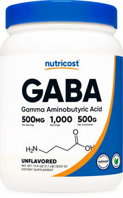 Nutricost Pure GABA bottle showing a 500g supply for daily use.