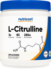 Nutricost Pure L-Citrulline base powder bottle front view for clean workouts