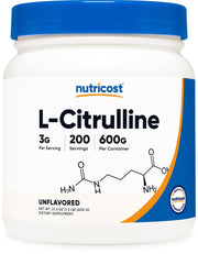 Nutricost Pure L-Citrulline base powder jar supports daily endurance during workouts.