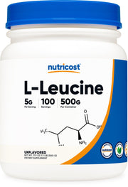 Nutricost Pure L-Leucine powder bottle on countertop, supporting workouts
