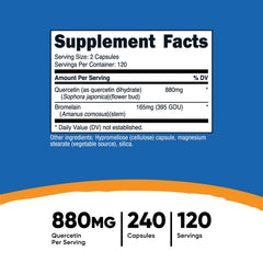 Nutricost Quercetin 880mg bottle label highlights non-GMO status and third-party testing.