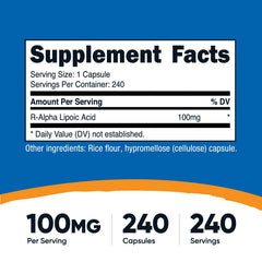 Nutricost R-ALA 100mg bottle perspective – compact daily supplement on shelf.