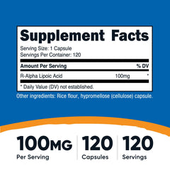 Nutricost R-ALA 100mg capsules close-up, veggie capsules for vegetarian use