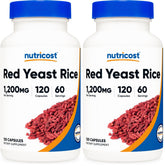 Nutricost Red Yeast Rice bottle shows 1200mg per serving and veggie capsules.