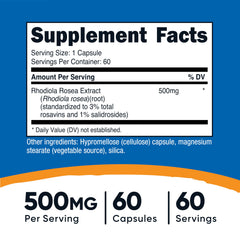 Close-up of Nutricost Rhodiola Rosea capsules showing 500 mg extract