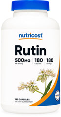 Nutricost Rutin 500mg bottle on a white surface for an easy daily routine.