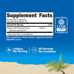 Clear label on Nutricost Saw Palmetto bottle showing organic certification and serving size.