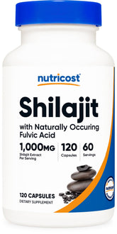 Nutricost Shilajit capsules bottle label highlights potency for daily wellness.
