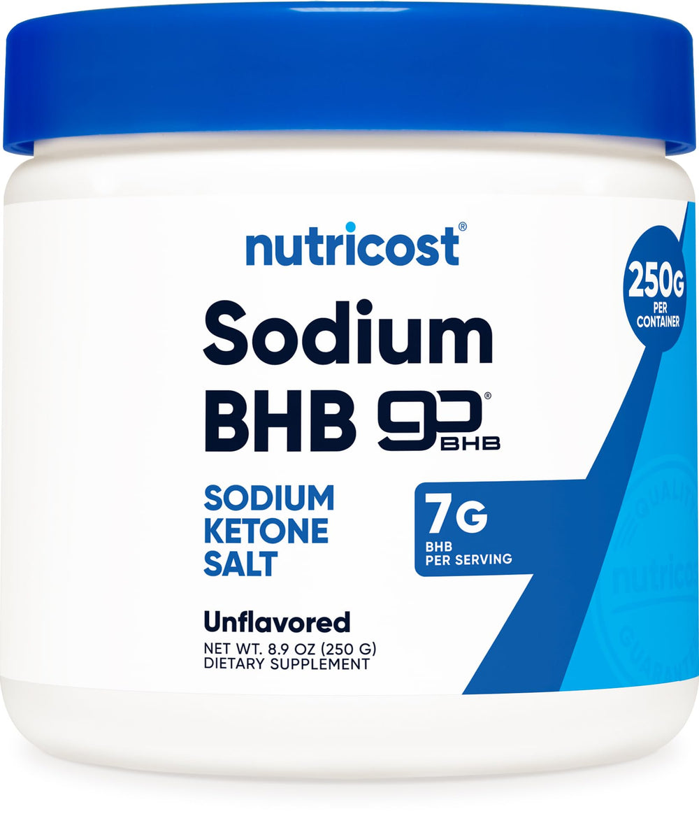 Nutricost Sodium BHB Powder bottle front showing unflavored formula for keto support.