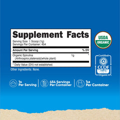 Nutricost spirulina powder scoop delivering convenient daily servings.