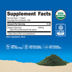 Nutricost spirulina tablets close-up shows uniform discs for convenient daily dosing.