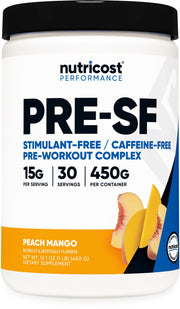 Nutricost Stim-Free Pre-Workout Peach Mango bottle for caffeine-free focus.